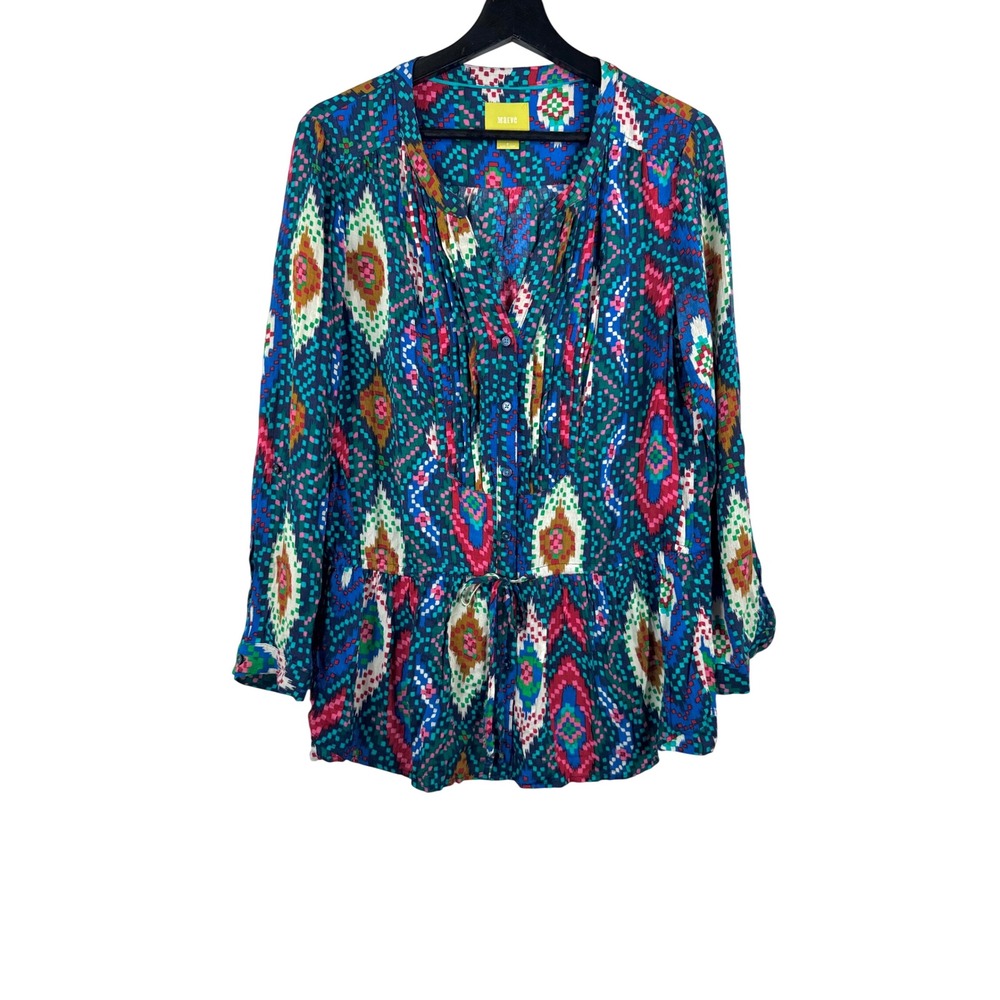 Maeve Button Down sz 8 Topoxte Ikat Geometric Peplum tunic psychedelic colorful‎